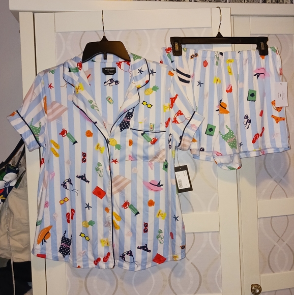 Kate Spade Aqua Stripe Pajamas Set PJ Shirt + Shorts Sleepwear KS12601T - Picture 3 of 16
